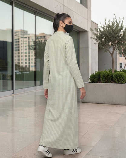 Mint Green Striped Cotton Front-Open Abaya Shirt with Mandarin Collar