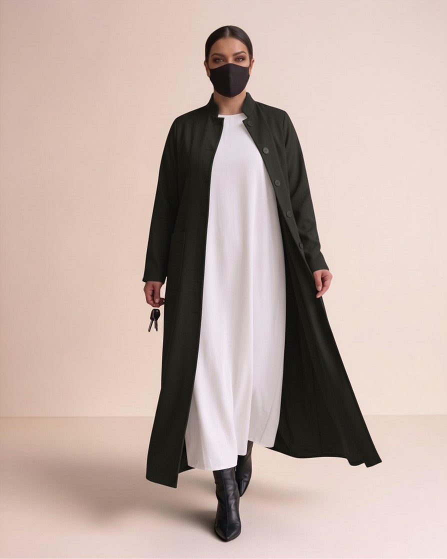 Latest Coat Abaya with Soft Shoulder Pads and Mandarin Collar| Black