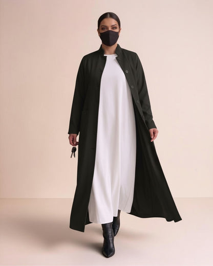 Latest Coat Abaya with Soft Shoulder Pads and Mandarin Collar| Black