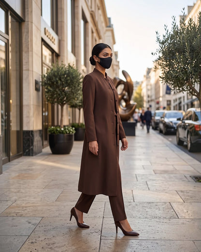 Business Suit for Women with Coat-Style Top | Optional Trouser & Hijab | Brown