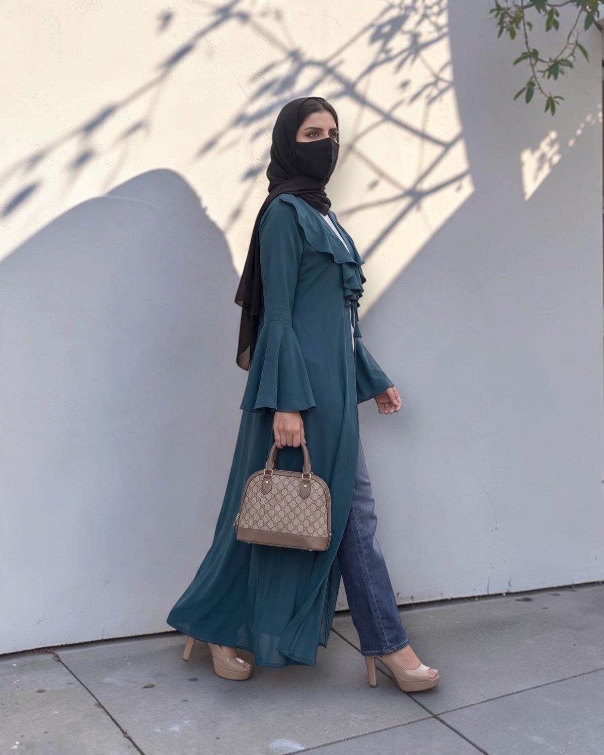 Designer Long Abaya Shrug with Cascading Yoke Detail