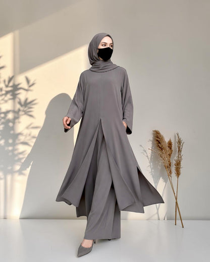 Three Pieces Abaya-like Co-ord Set with Long Tunic and Elasticated Bottom