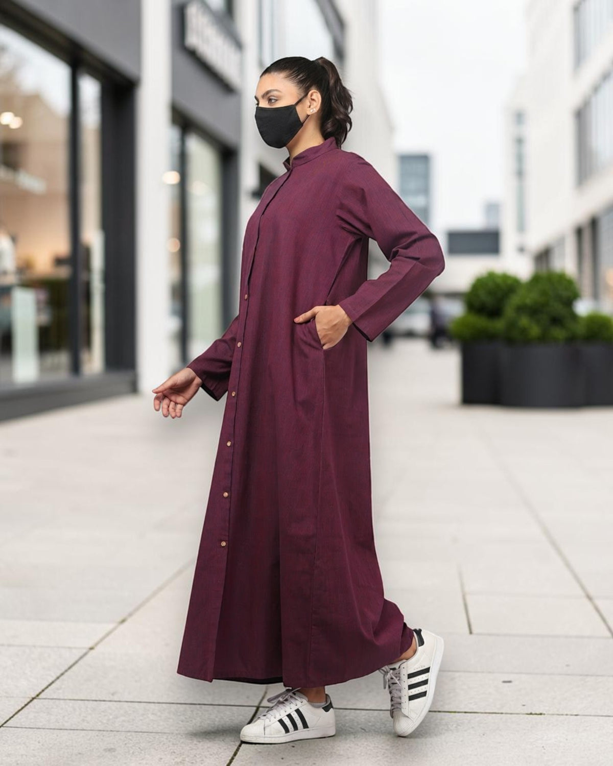 Front-Open Cotton Abaya Shirt with Mandarin Collar – Maroon & Blue