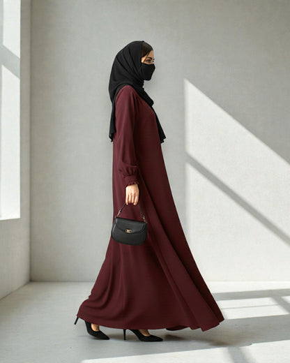 Front Open Abaya with Zipper Opening, Umbrella Flare and Matching Belt -Maroon