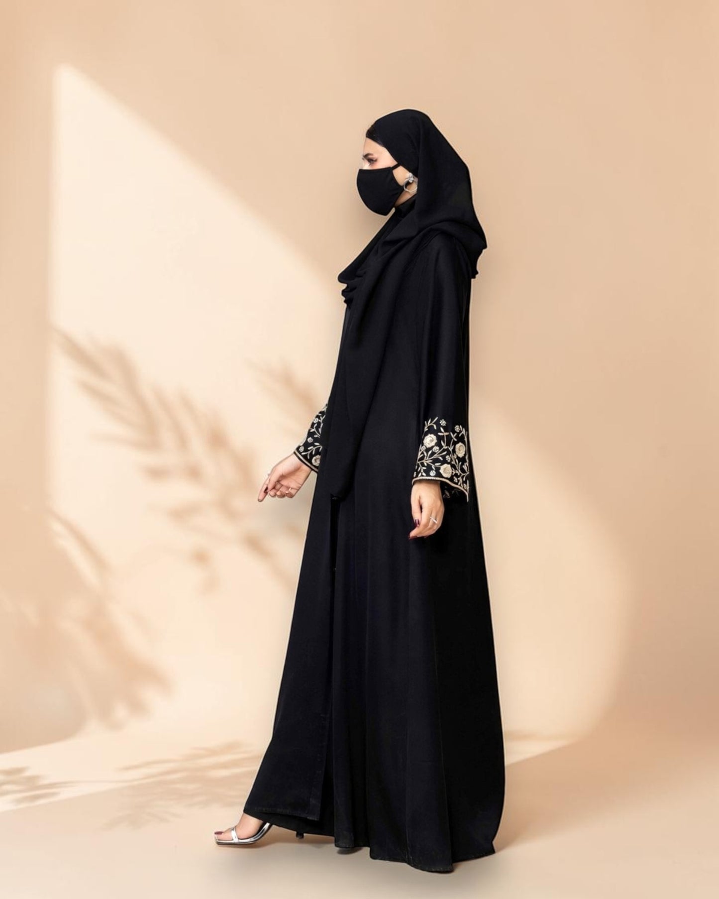 Black Praada Front-Open Mahram-Embroidered Burqa with Sleeve Embellishments