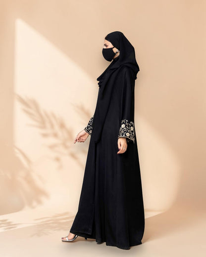 Black Praada Front-Open Mahram-Embroidered Burqa with Sleeve Embellishments
