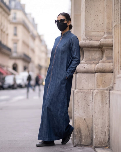 Urban Denim Zipper Abaya with Mandarin Collar