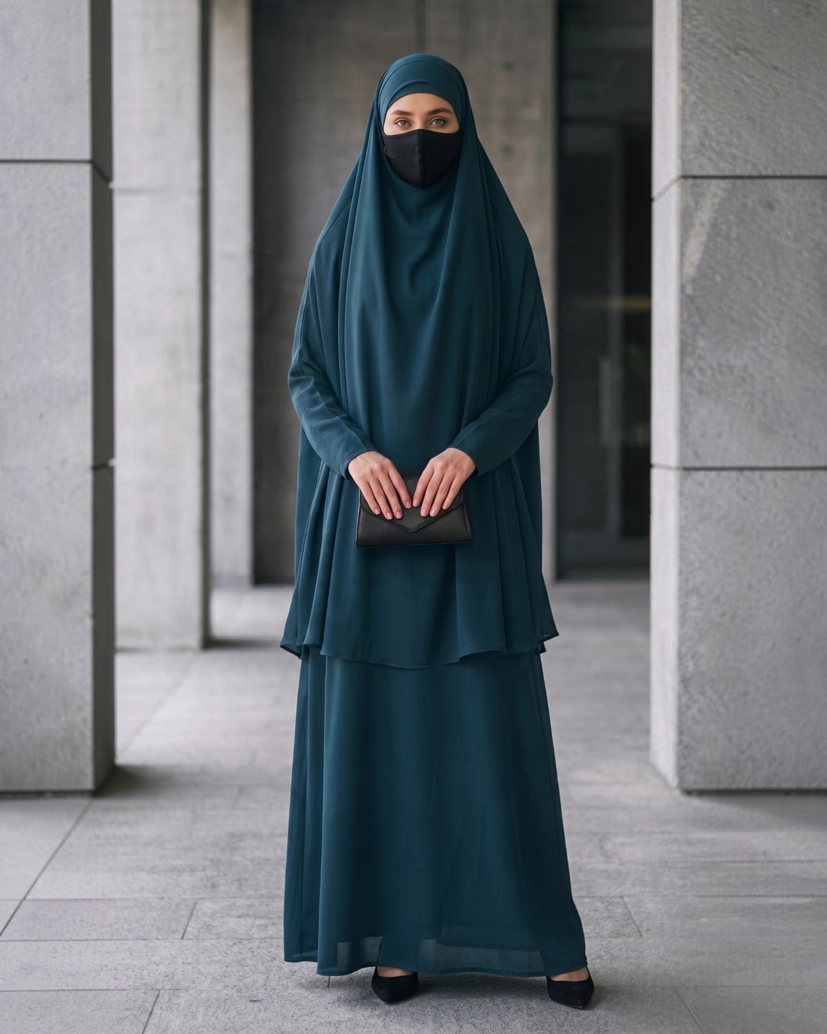 Two-Piece Jilbab Set with Sleeved Khimar & A-Line Abaya