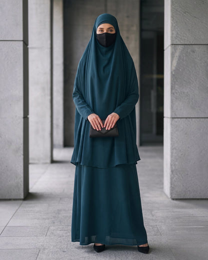 Two-Piece Jilbab Set with Sleeved Khimar & A-Line Abaya