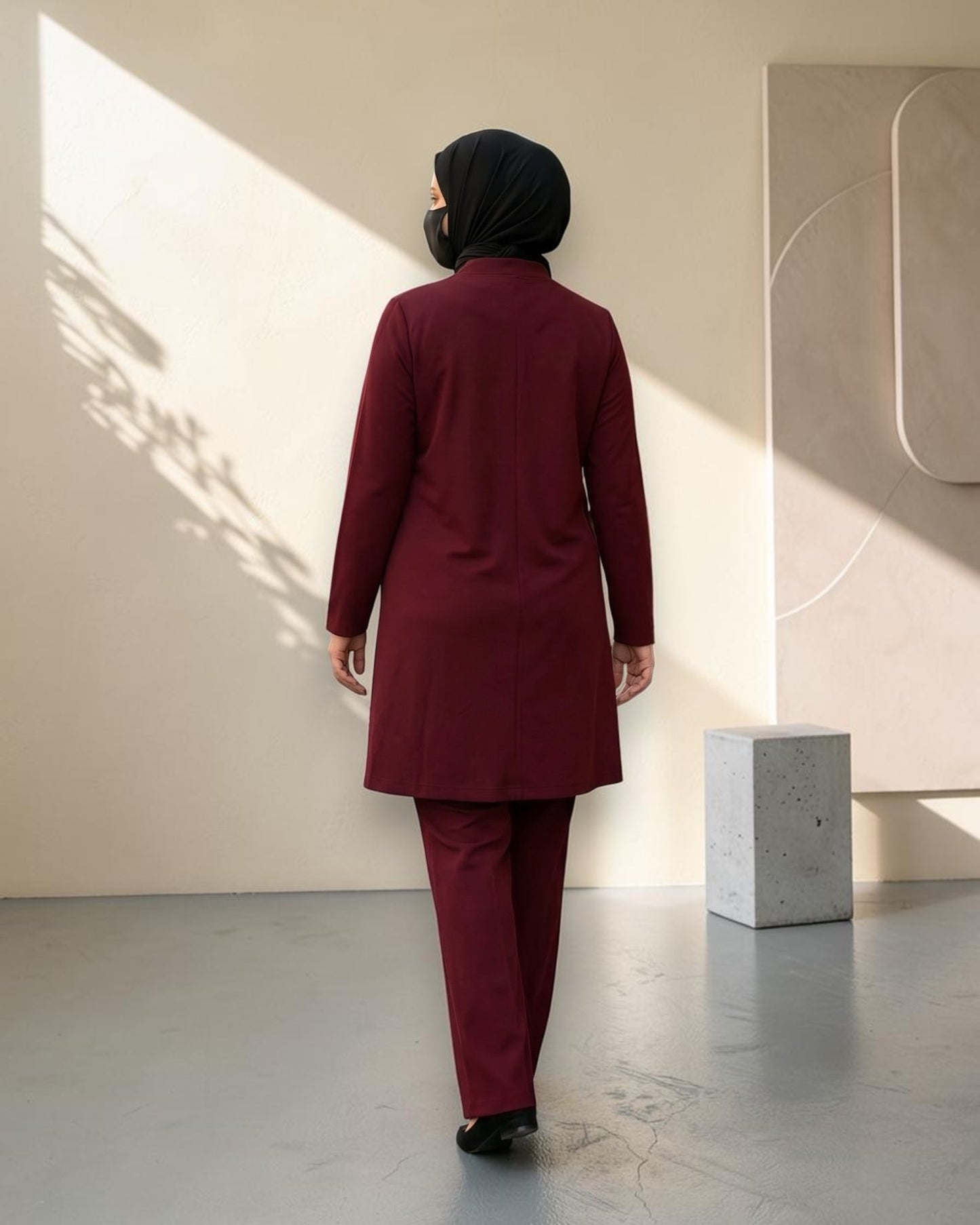 2-Piece Modest Co-Ord Set with Zipper Top & Elasticated Trousers | Optional Hijab | Maroon