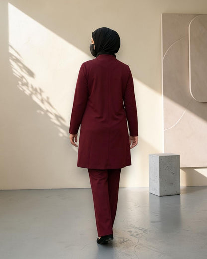 2-Piece Modest Co-Ord Set with Zipper Top & Elasticated Trousers | Optional Hijab | Maroon