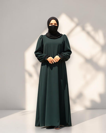 Mahram Dark Green Praada Fancy Abaya with Beaded Ruffled Sleeves and Pockets