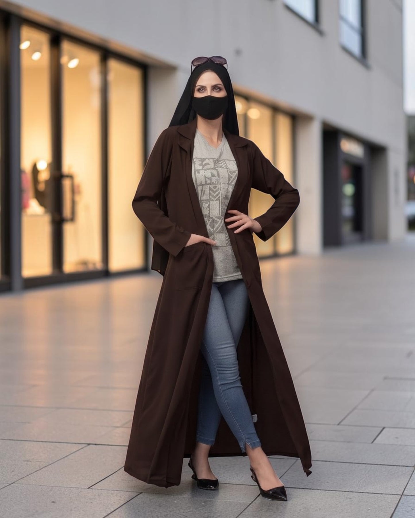 Double-Breasted Coat Abaya for Work with Free Hijab | Optional Inner | Brown