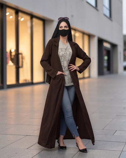 Double-Breasted Coat Abaya for Work with Free Hijab | Optional Inner | Brown