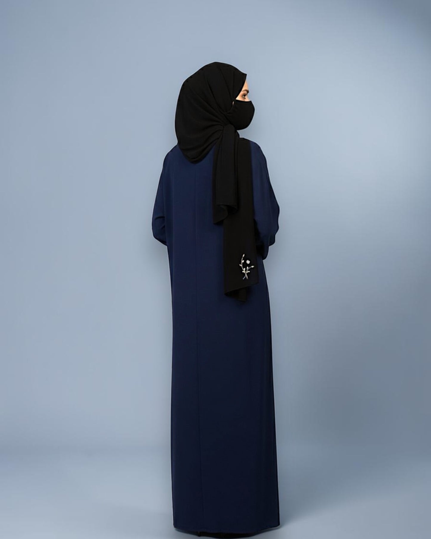 Navy Blue Praada Front-Open Embroidered Abaya with Asymmetrical Handwork