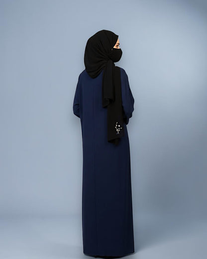 Navy Blue Praada Front-Open Embroidered Abaya with Asymmetrical Handwork