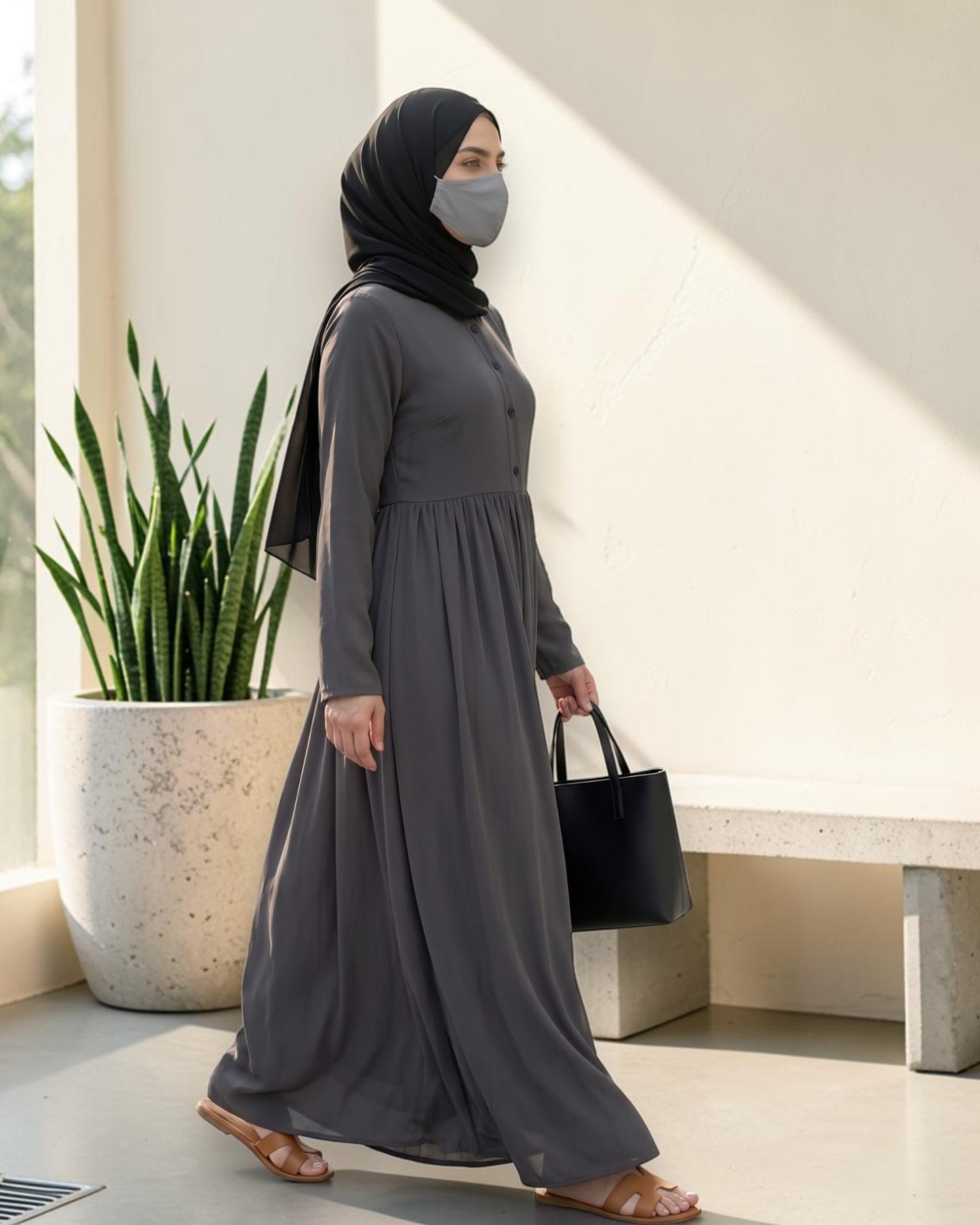 Stylish Umbrella Flare Mahram-Abaya with a Belt and Hijab in Firdaus Fabric