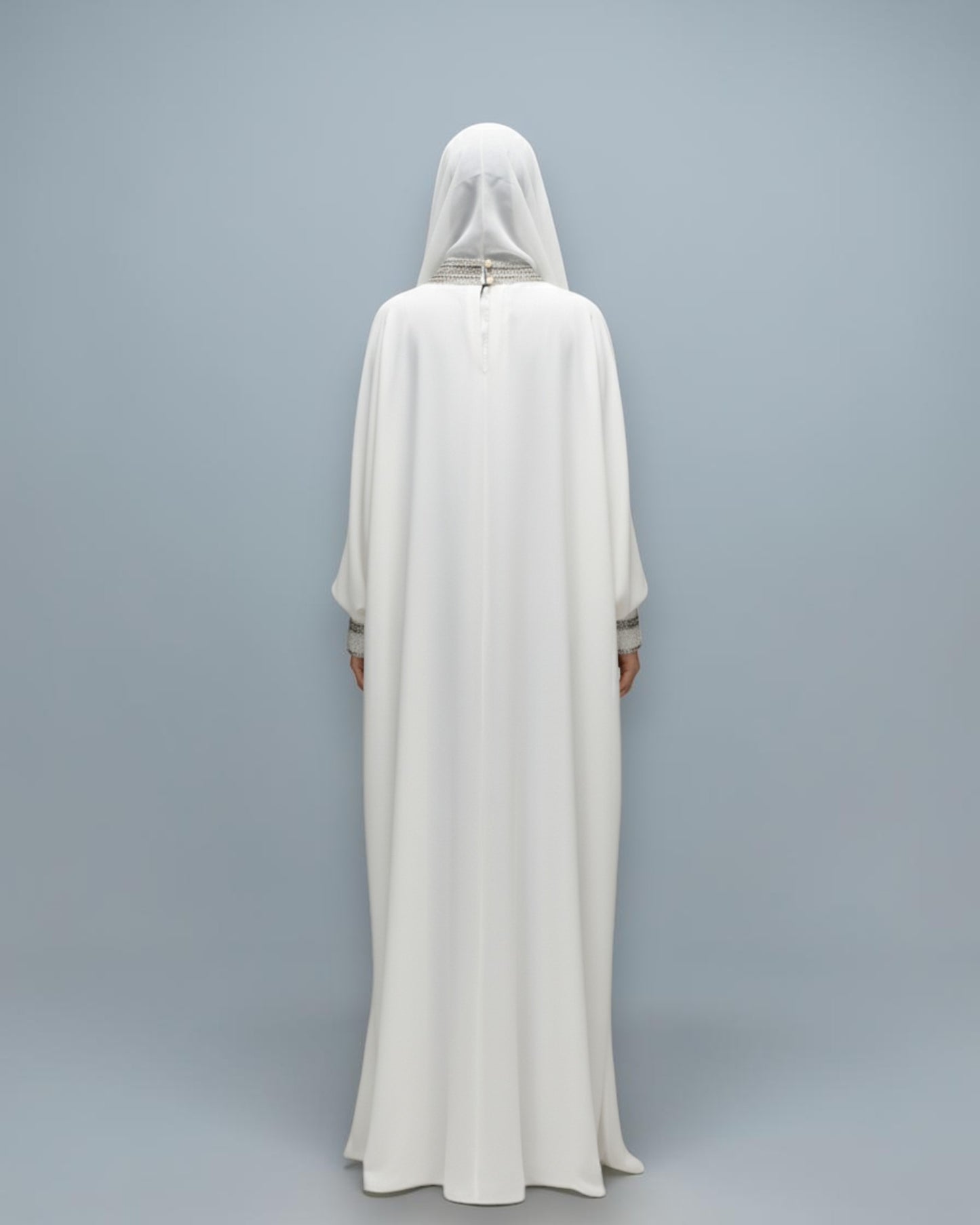 White Armani Satin Occasion Abaya with Handwork Embellishments