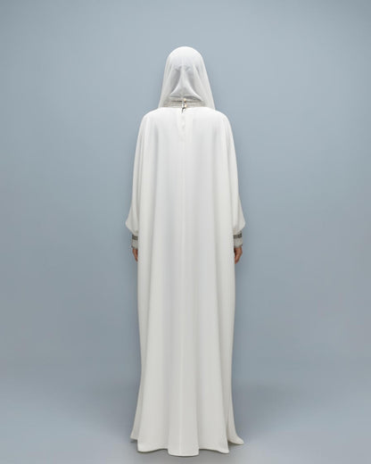 White Armani Satin Occasion Abaya with Handwork Embellishments