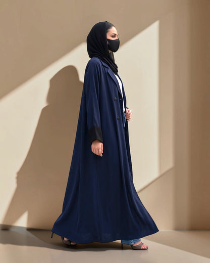 Navy Blue Double-Breasted Coat Style Abaya with Contrast Collar