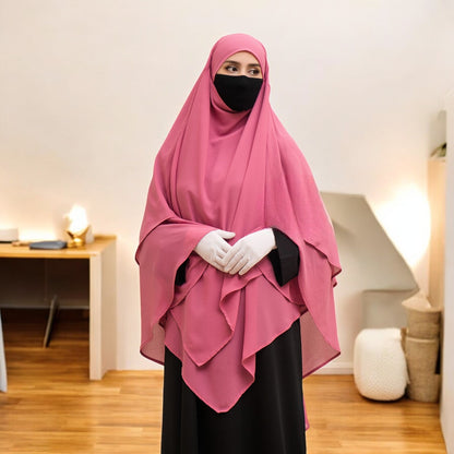 Bashariya Pink Color Two-Layer Triangle Prayer Khimar Hijab with Attached Mouthpiece | Ready-to-Wear with Tie-Back Design in Soft Georgette Fabric Wear with Tie-Back Design in Soft Georgette Fabric
