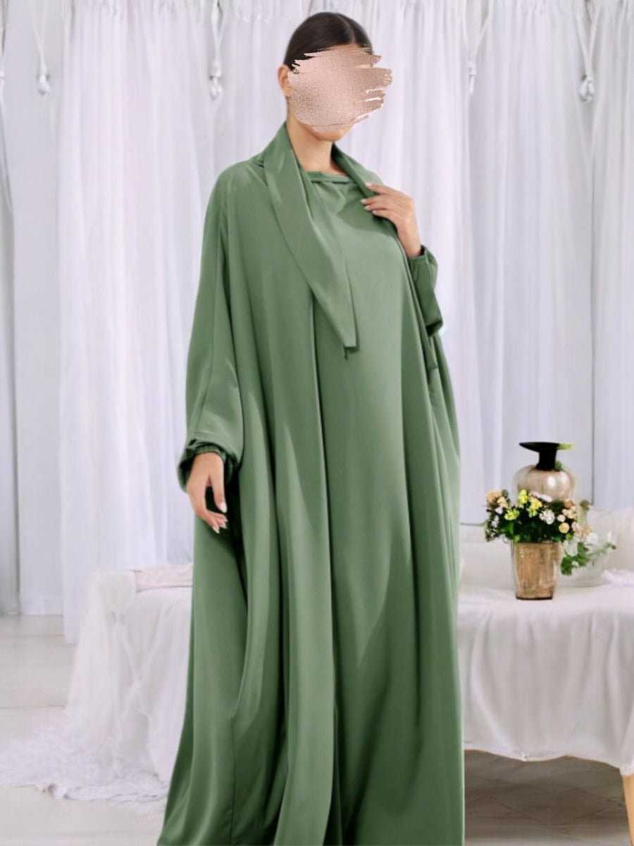 Designer Kaftan Abaya in Luxurious Firdaus Fabric with Elasticated Sleeves and Attached Scarf