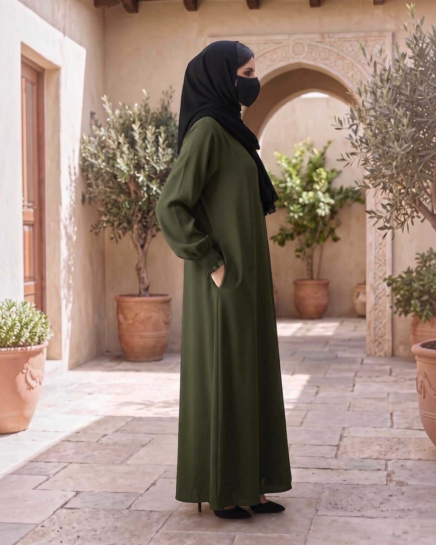 Front Open Abaya with Zipper Opening, Umbrella Flare and Matching Belt