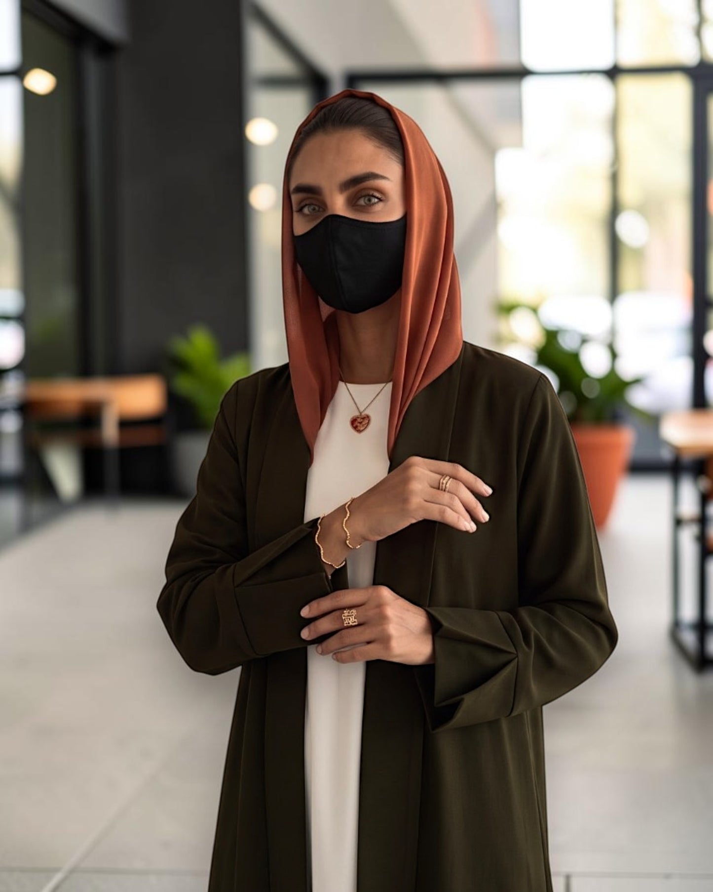 Open Abaya Shrug with Hijab & Optional Inner | Dark Olive