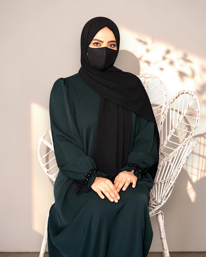 Mahram Dark Green Praada Fancy Abaya with Beaded Ruffled Sleeves and Pockets