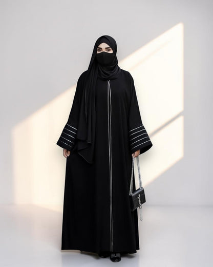 Designer Black Front-Open Abaya with Contrast Piping and Pockets