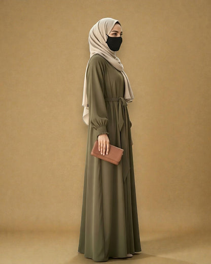 Front Open Abaya with Zipper Opening, Umbrella Flare and Matching Belt