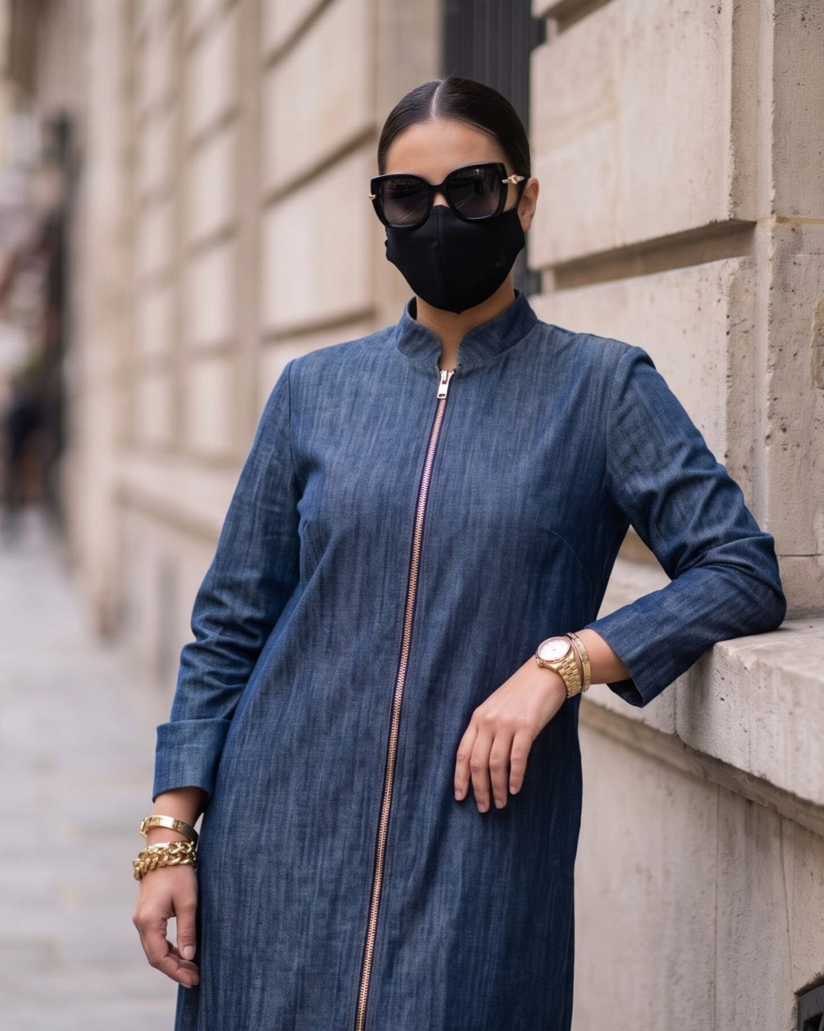 Urban Denim Zipper Abaya with Mandarin Collar