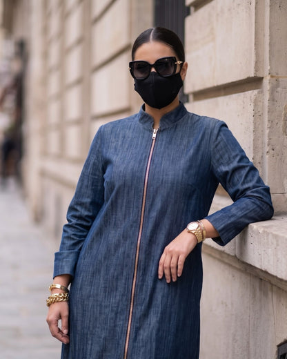Urban Denim Zipper Abaya with Mandarin Collar