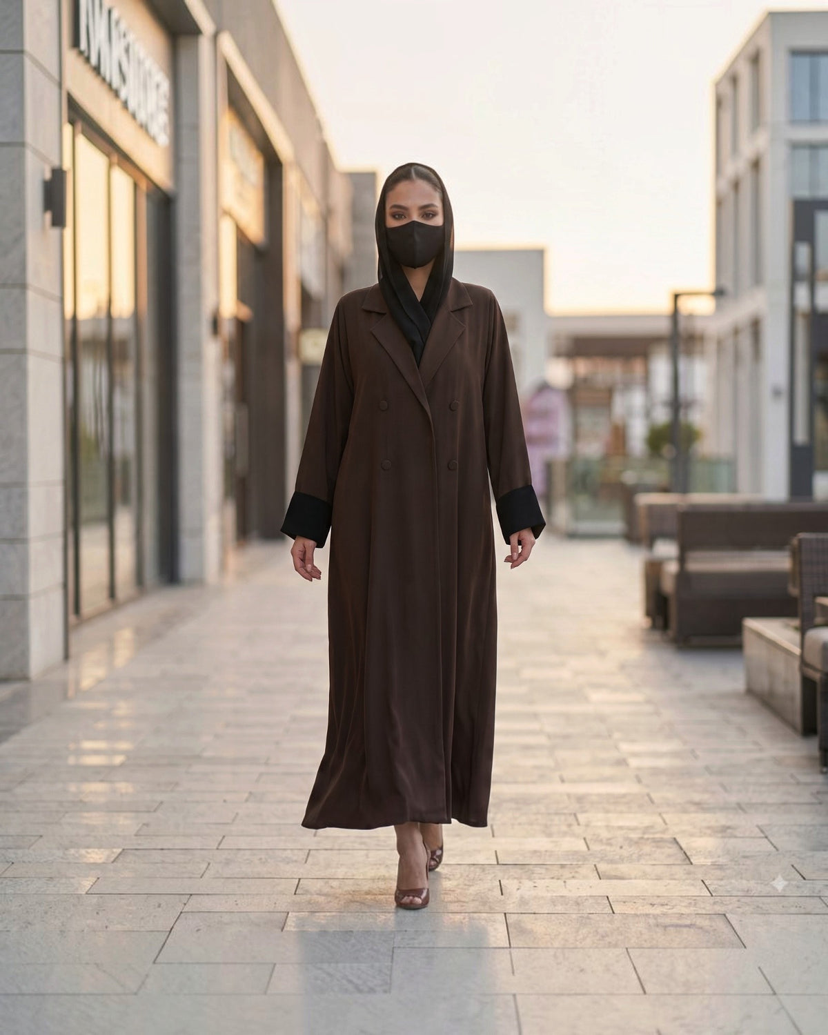 Elegant Double-Breasted Coat Style Abaya with Contrast Collar