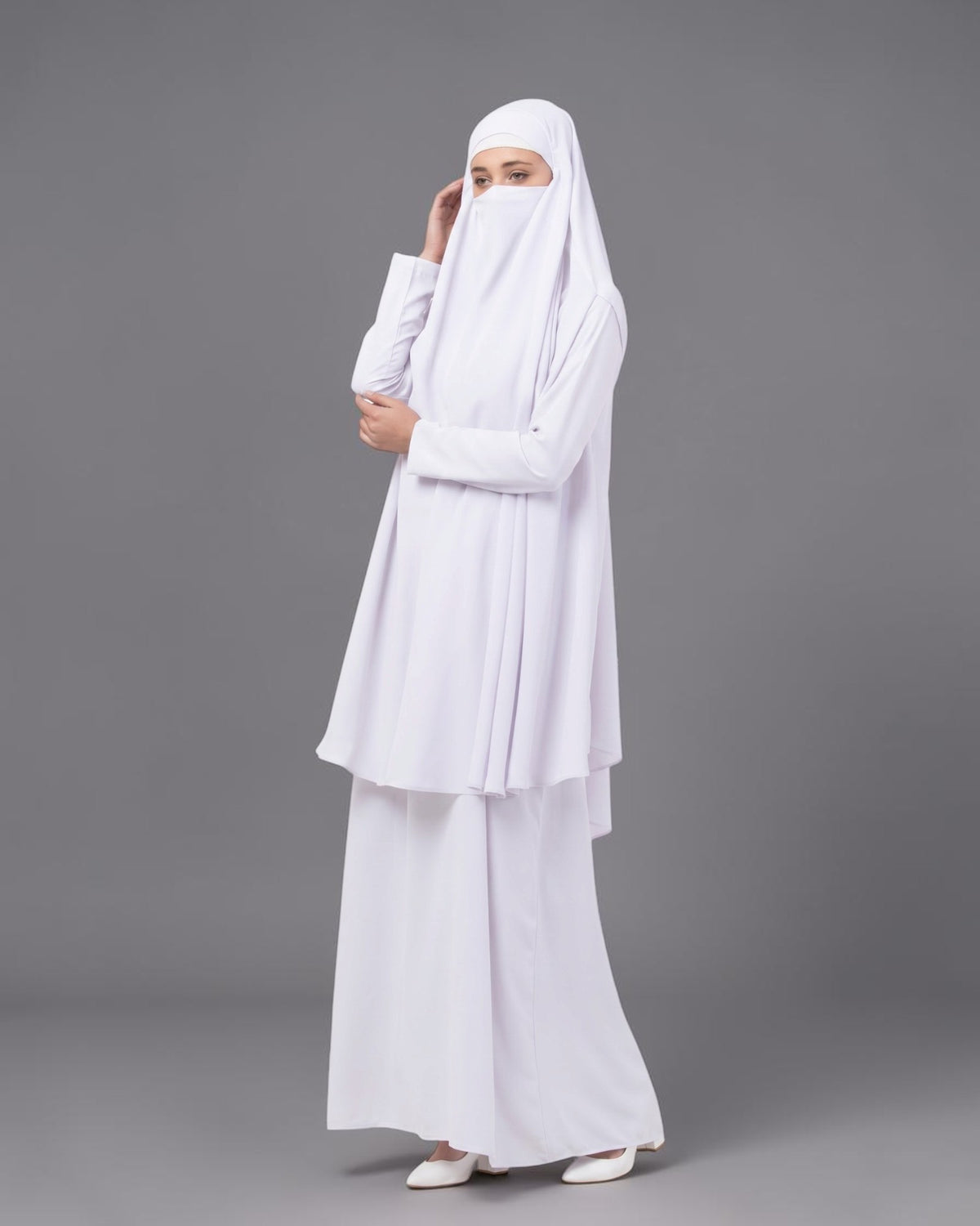 White Jilbab Duo with Convertible Sleeved Khimar For Haj Or Umrah