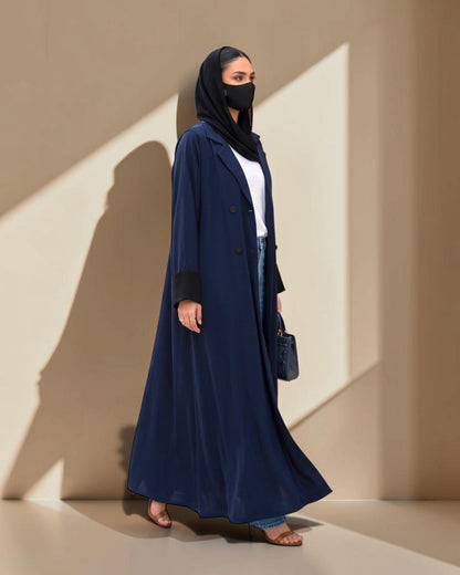Navy Blue Double-Breasted Coat Style Abaya with Contrast Collar