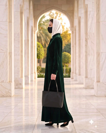 Regal Button-Front Velvet Abaya with Side Pockets