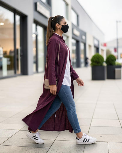 Front-Open Cotton Abaya Shirt with Mandarin Collar – Maroon & Blue