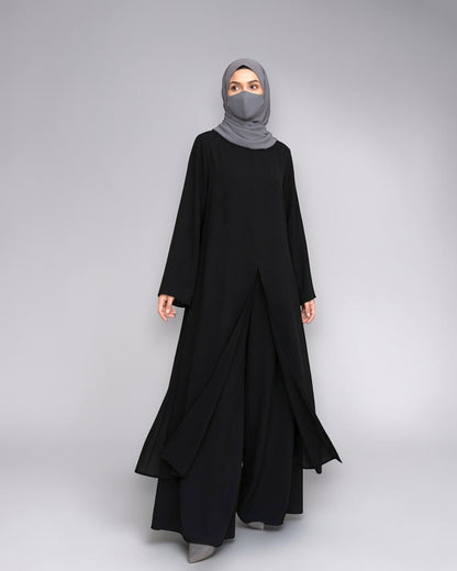 Three Pieces Abaya-like Co-ord Set with Long Tunic and Elasticated Bottom