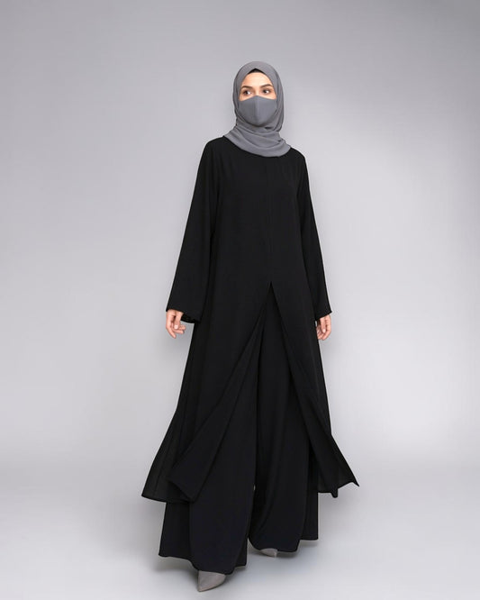 Three Pieces Abaya-like Co-ord Set with Long Tunic and Elasticated Bottom