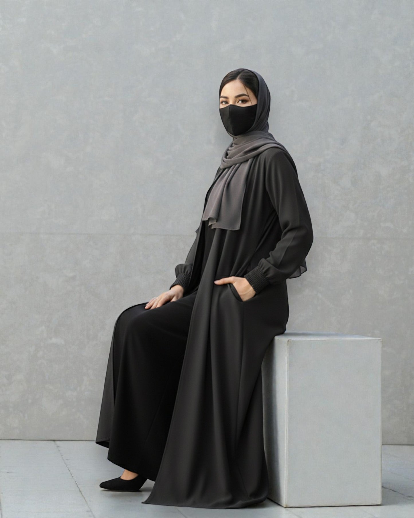 Front Open Abaya with Zipper Opening, Umbrella Flare and Matching Belt