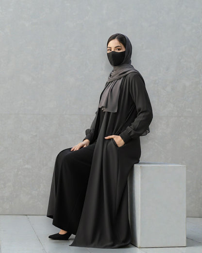 Front Open Abaya with Zipper Opening, Umbrella Flare and Matching Belt