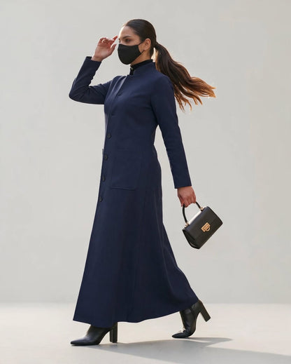 Latest Coat Abaya with Soft Shoulder Pads and Mandarin Collar| Navy Blue