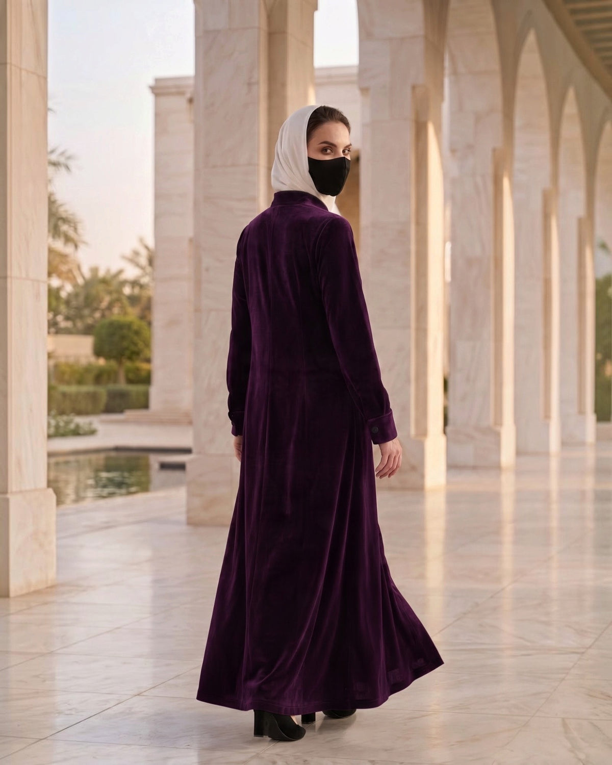 Classic Front Open Velvet Abaya with Covered Buttons