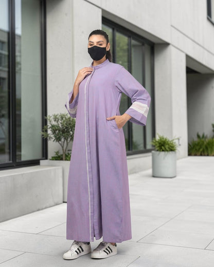 Front-Open Cotton Abaya Shirt with Mandarin Collar & Lacework