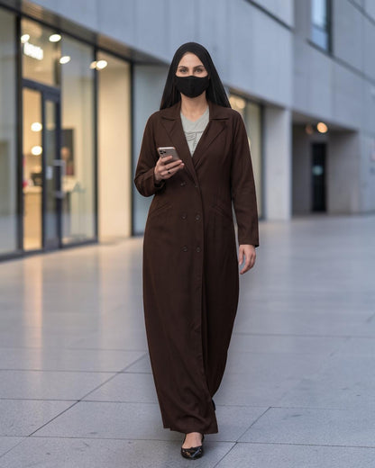 Double-Breasted Coat Abaya for Work with Free Hijab | Optional Inner | Brown