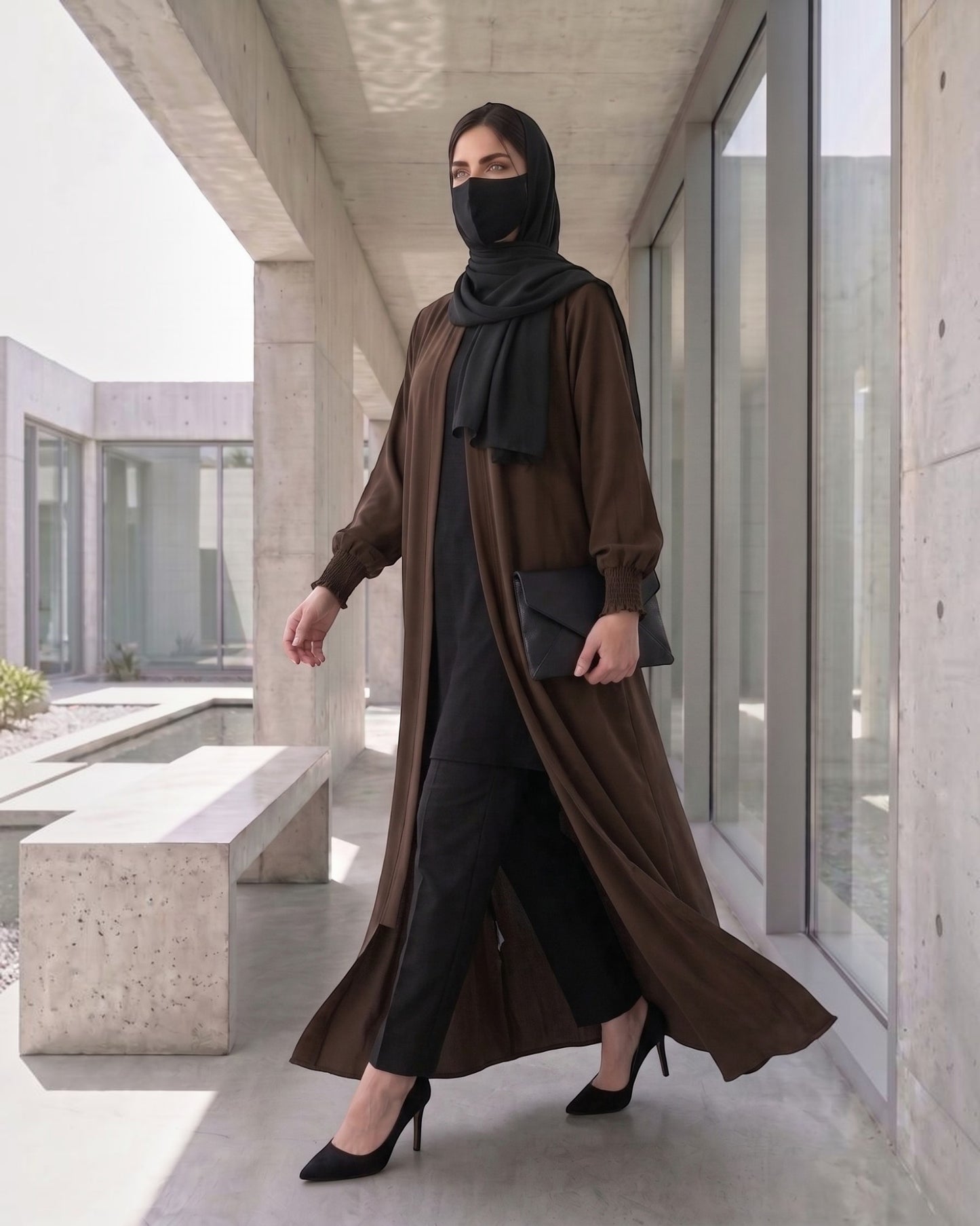Front Open Abaya with Zipper Opening, Umbrella Flare and Matching Belt