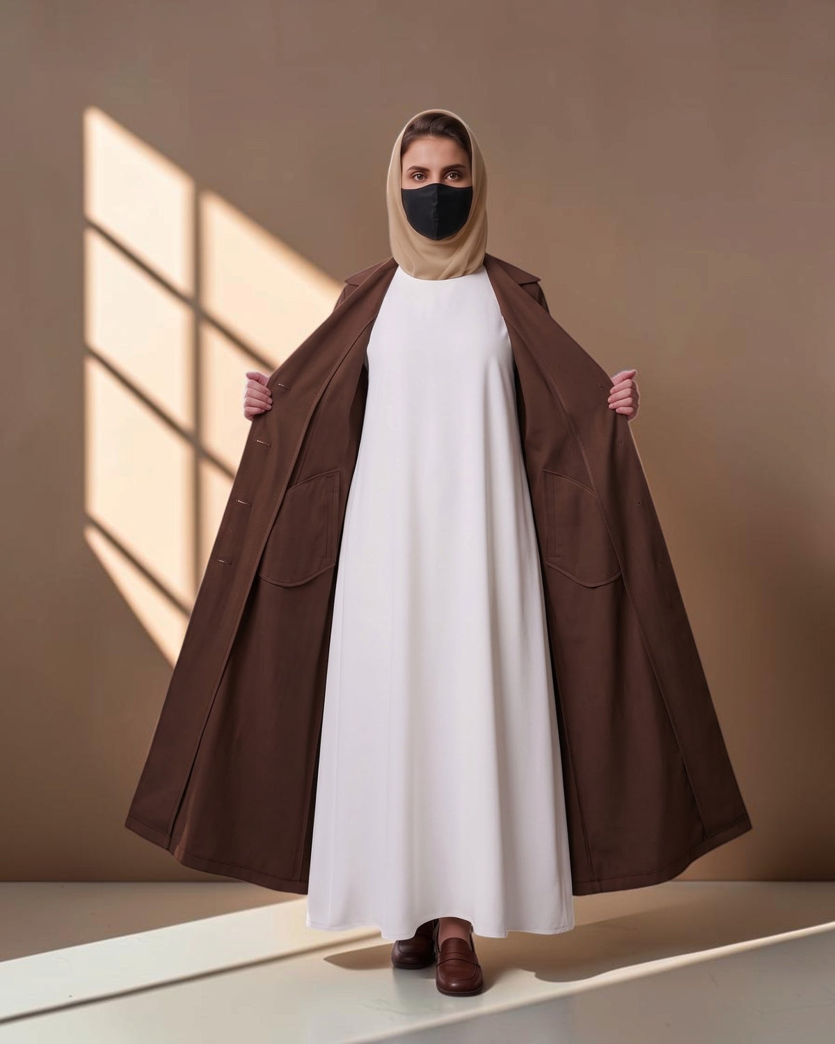 Executive Abaya Coat with Structured Shoulders (Brown)