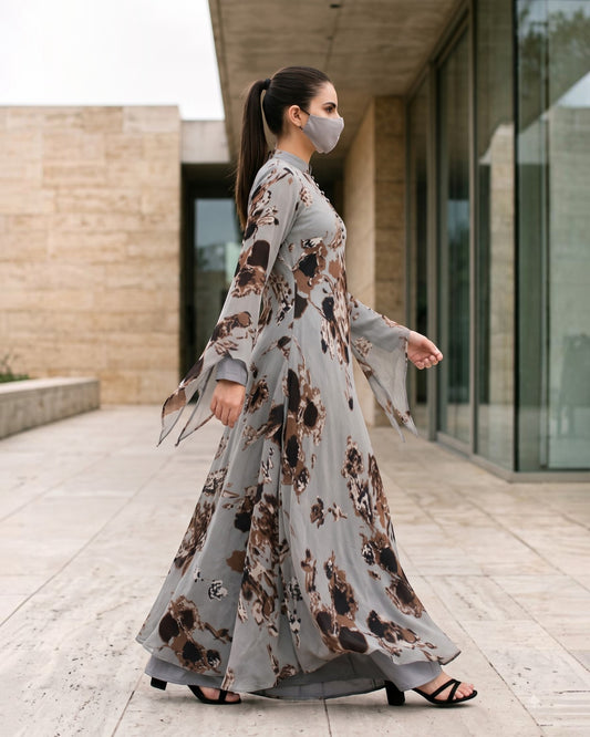 Printed Chiffon Modest Dress with Umbrella Flare