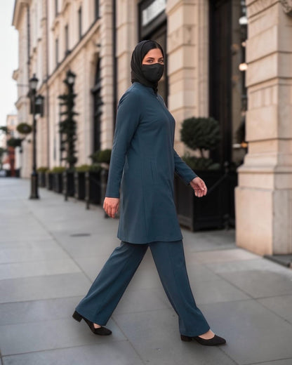 Dark Teal 2-Piece Modest Co-Ord Set with Zipper Top & Elasticated Trousers | Optional Hijab